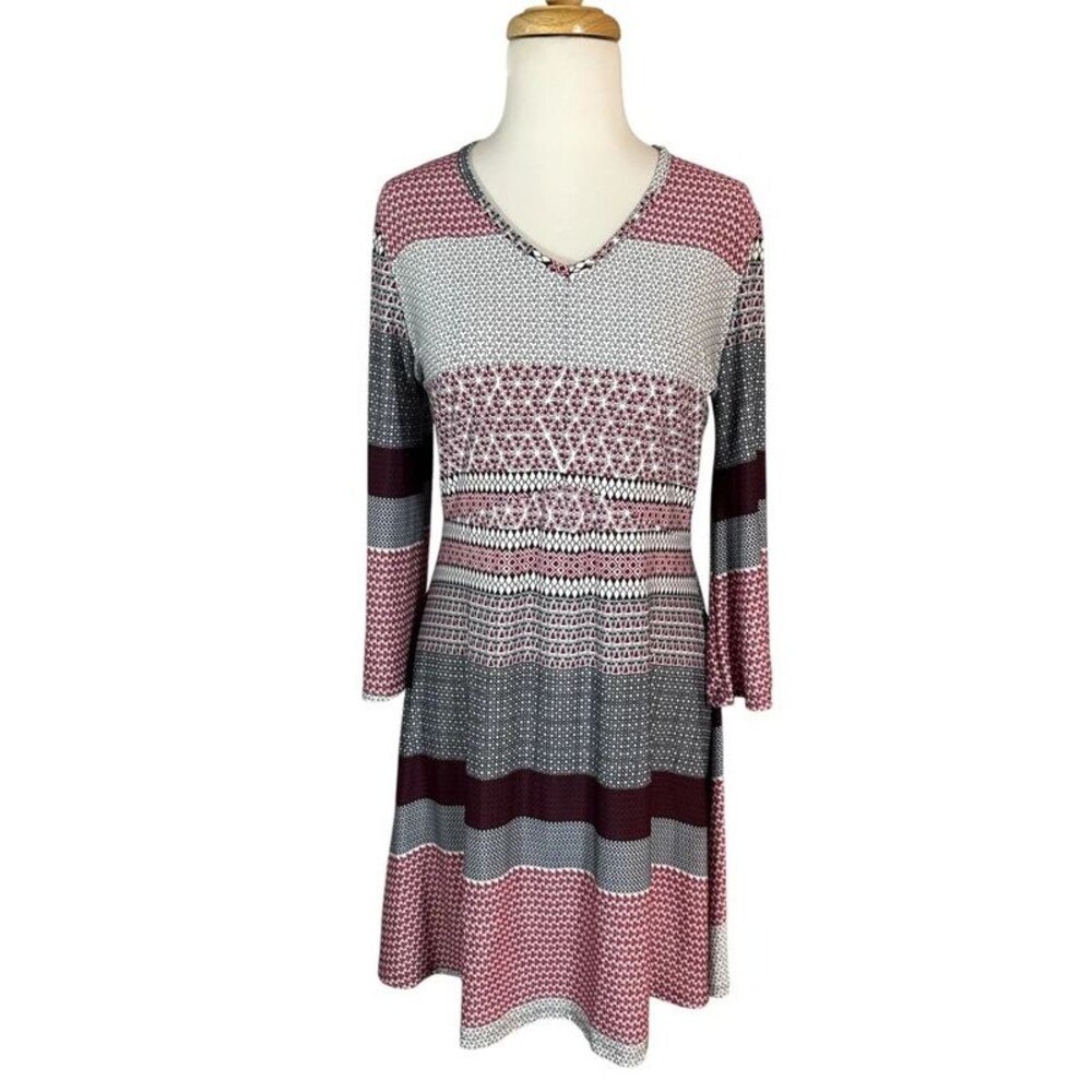 Robert Louis Maroon Gray Geometric Boho V-Neck Dress